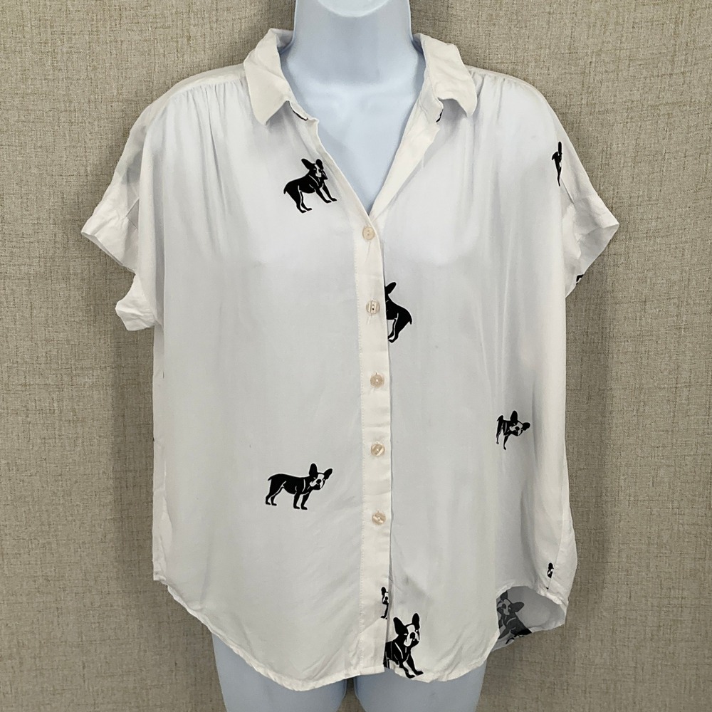 Jane‎ + Delancey Button Down Womens S White French Bulldog Print Whimsical